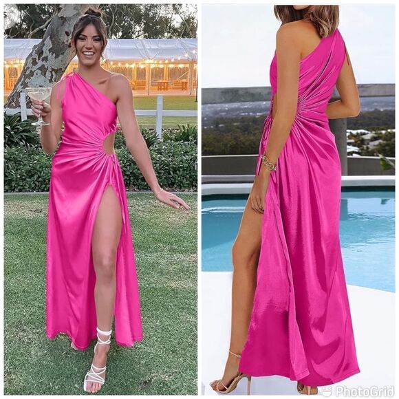 NWT PRETTYGARDEN  One Shoulder Satin Slit High Long Cocktail Wedding Guest Dress - Picture 1 of 14